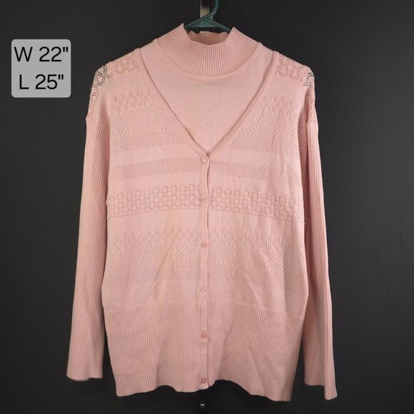 Vintage White Stag Sweater Set Womens XL Pink Twinset Cardigan Mock Neck 90s Y2K - Picture 1 of 6